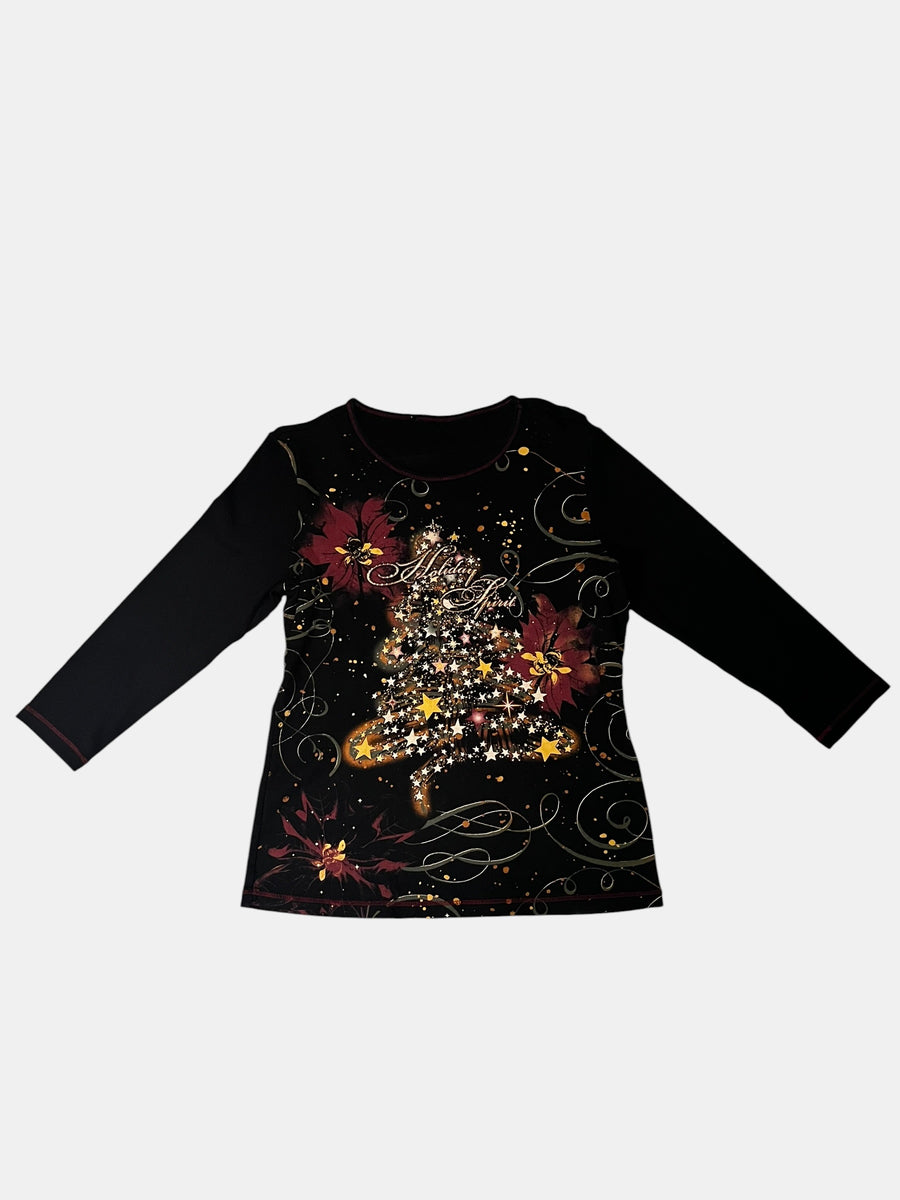 Y2K Holiday Print Long-Sleeve Top