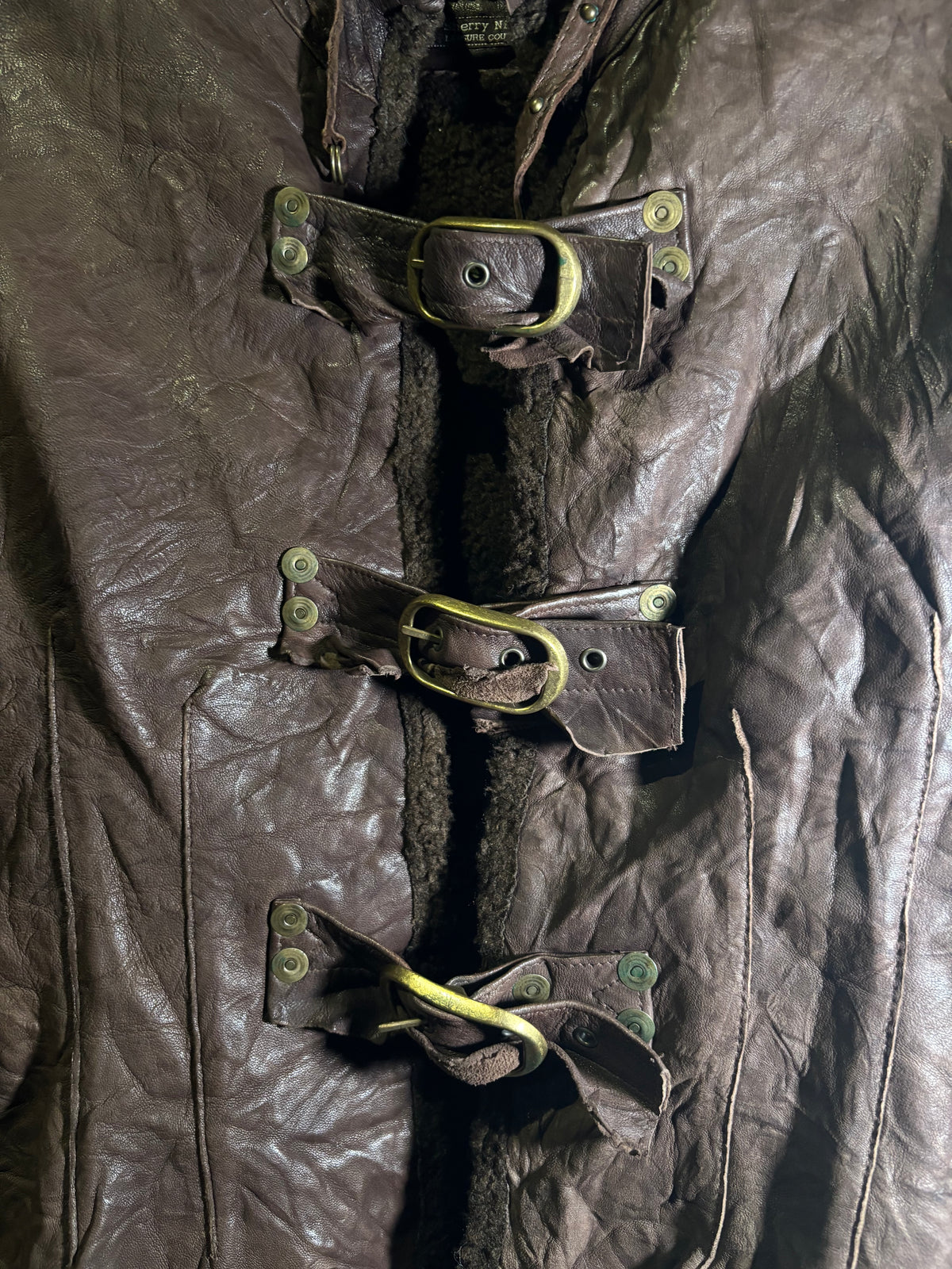 Crinkled Leather Buckle-Front Jacket