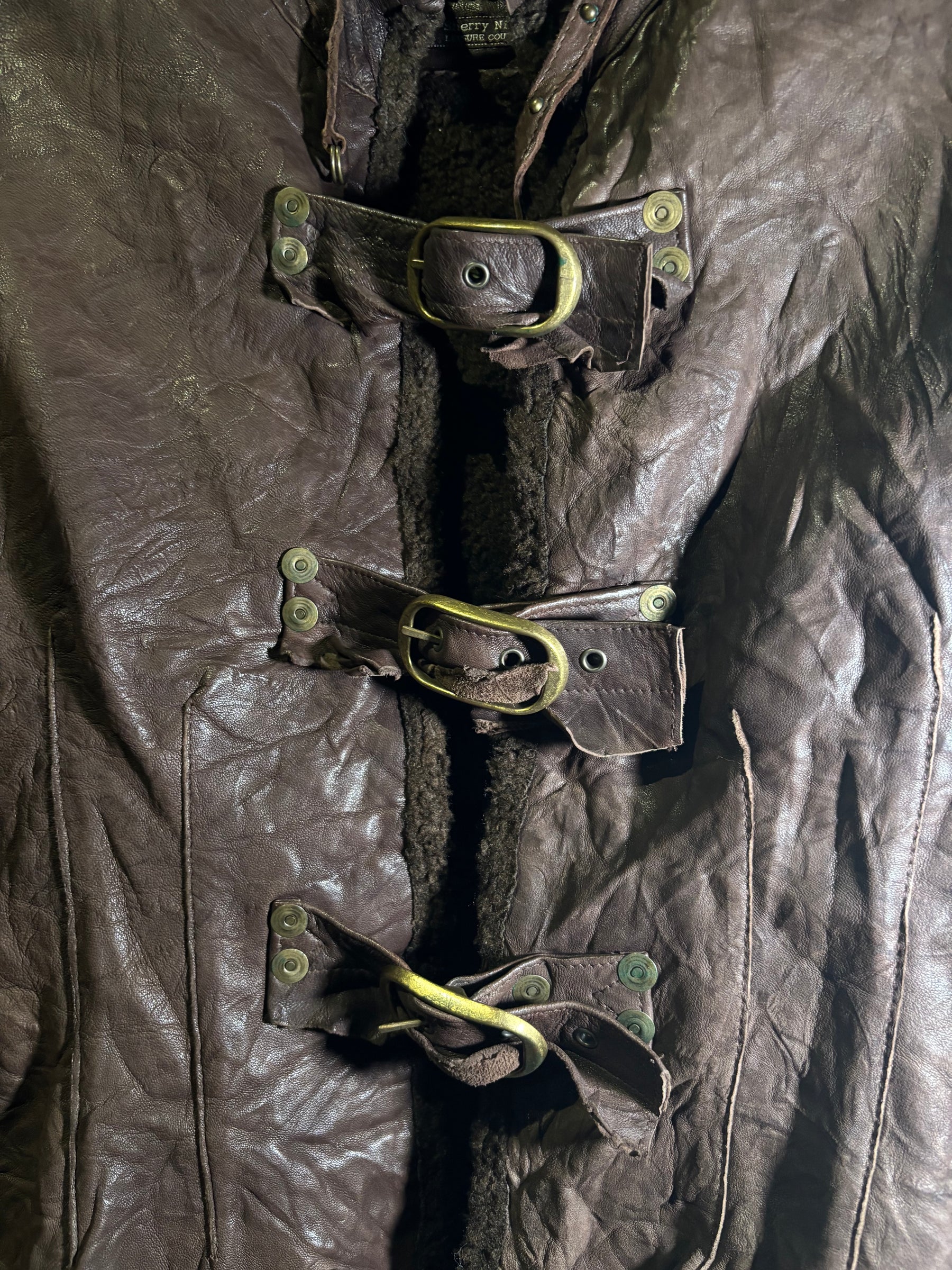 Crinkled Leather Buckle-Front Jacket