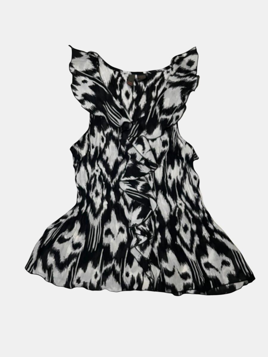Abstract-Print Ruffle Sleeveless Blouse