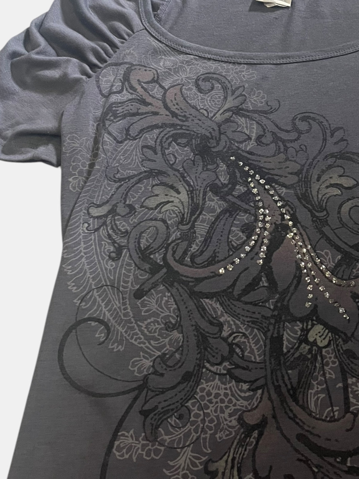 Ruched Sleeve Rhinestone Graphic Tee