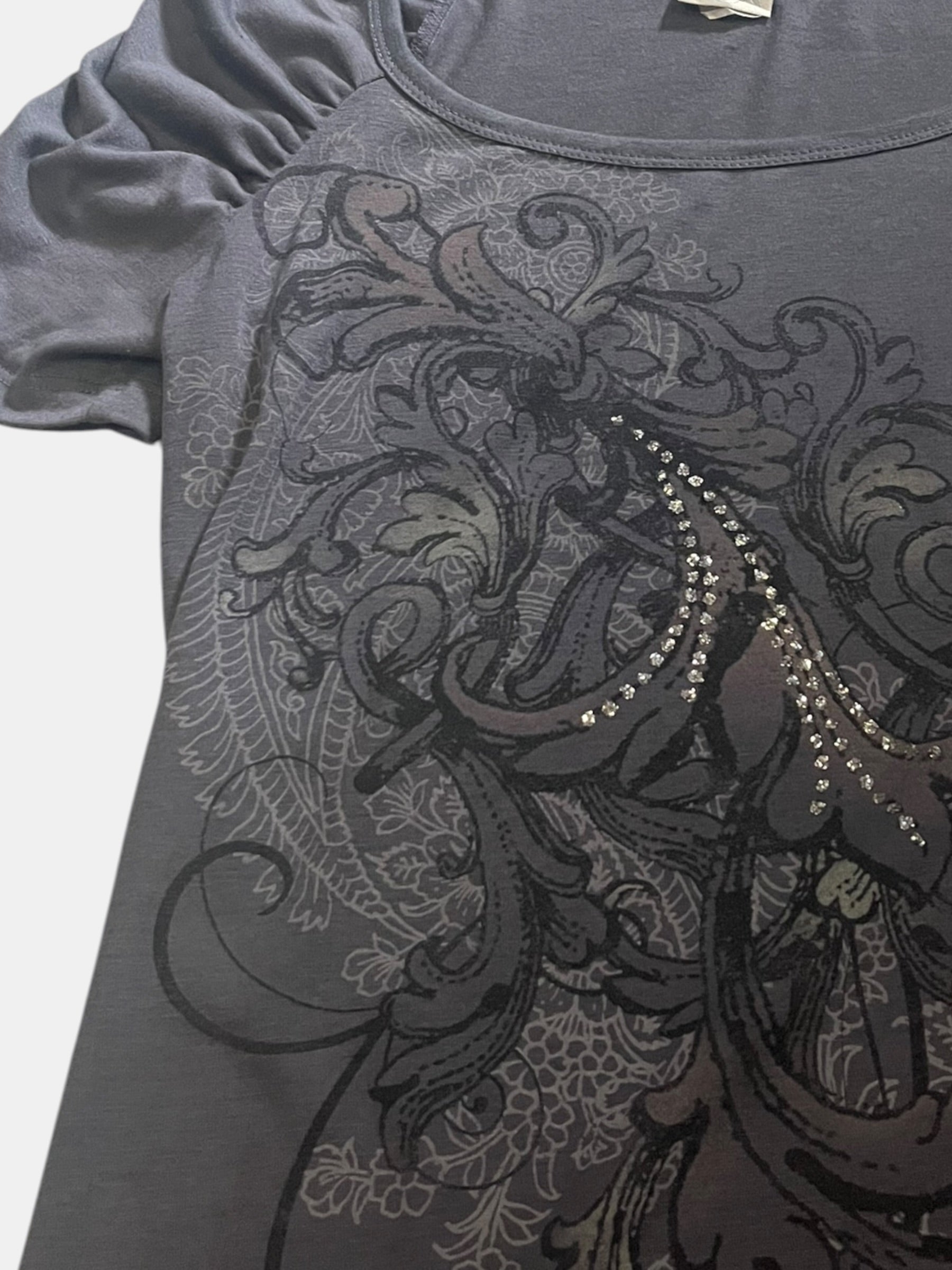 Ruched Sleeve Rhinestone Graphic Tee
