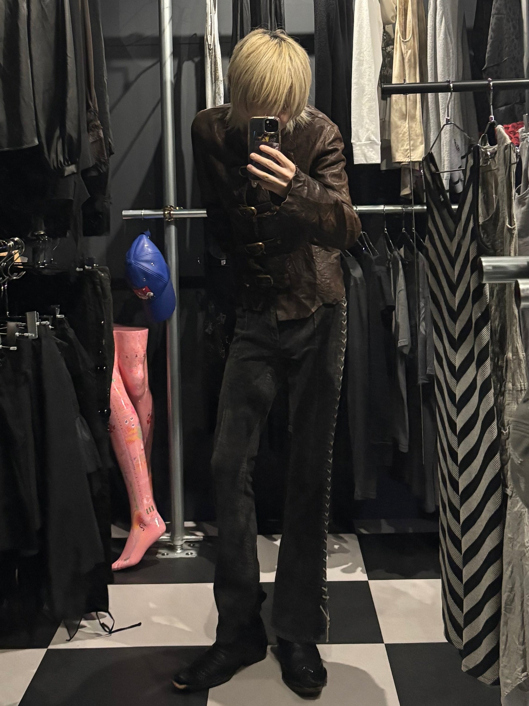 Crinkled Leather Buckle-Front Jacket