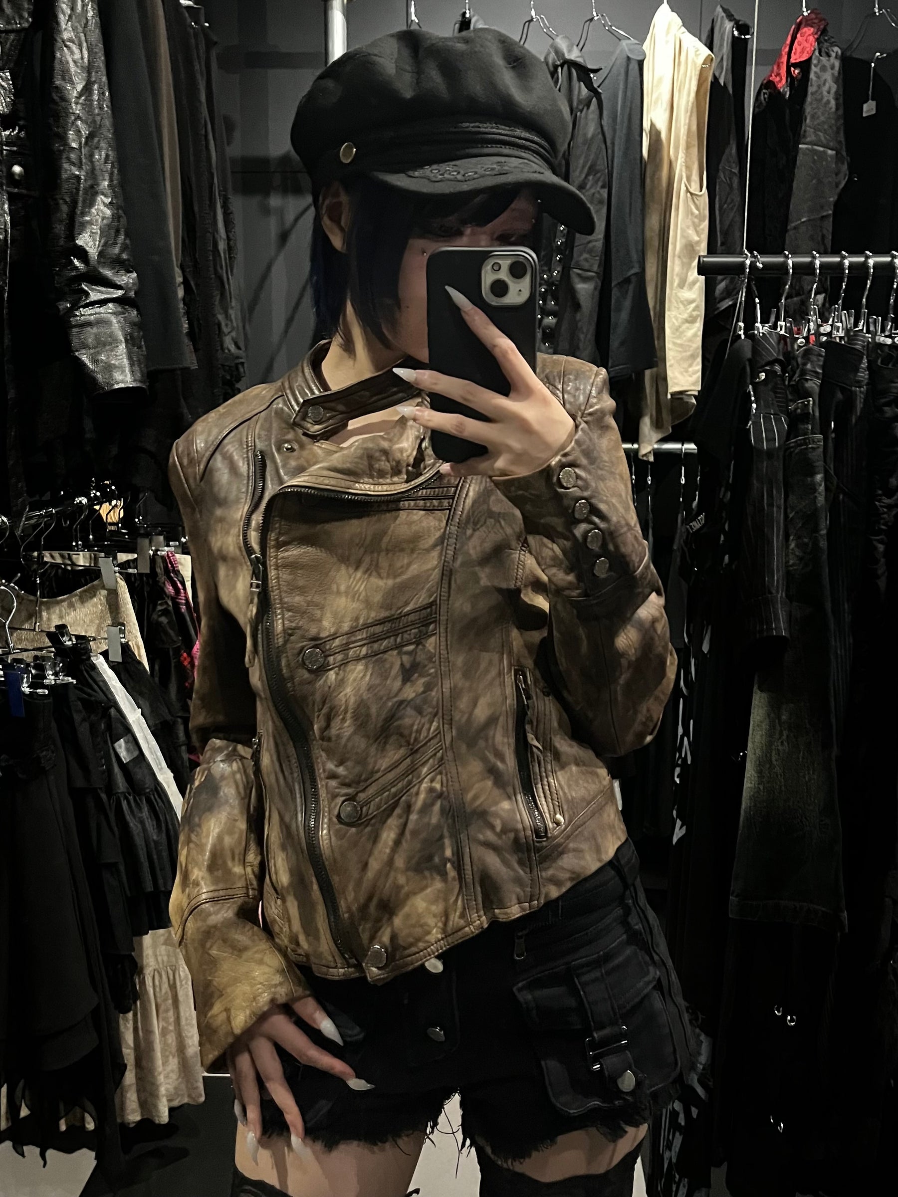 Y2K Tie-Dye Leather Moto Jacket