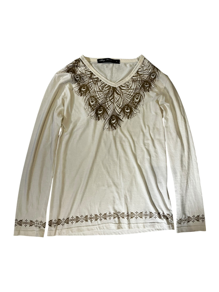 Peacock Feather V-Neck Long-Sleeve Top