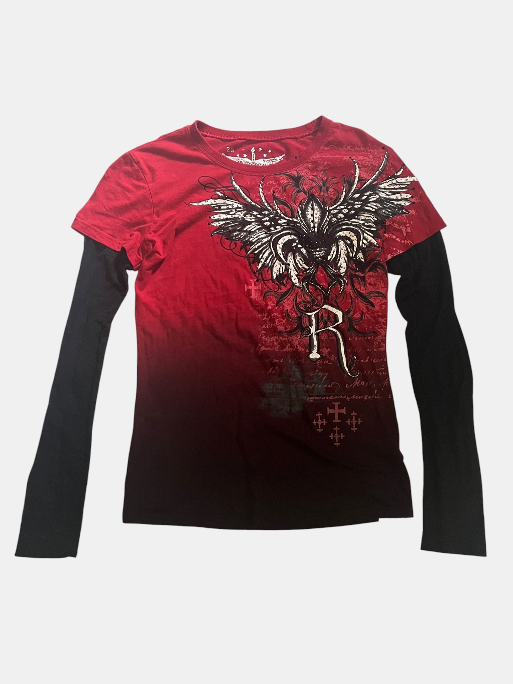 Gothic Winged Faux-Layered Long Sleeve Tee