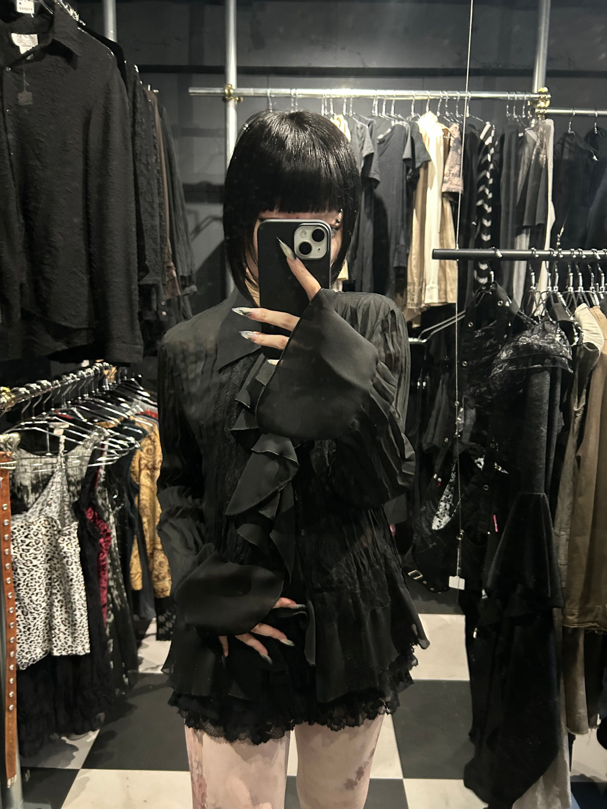 Lace-Panel Ruffle Blouse