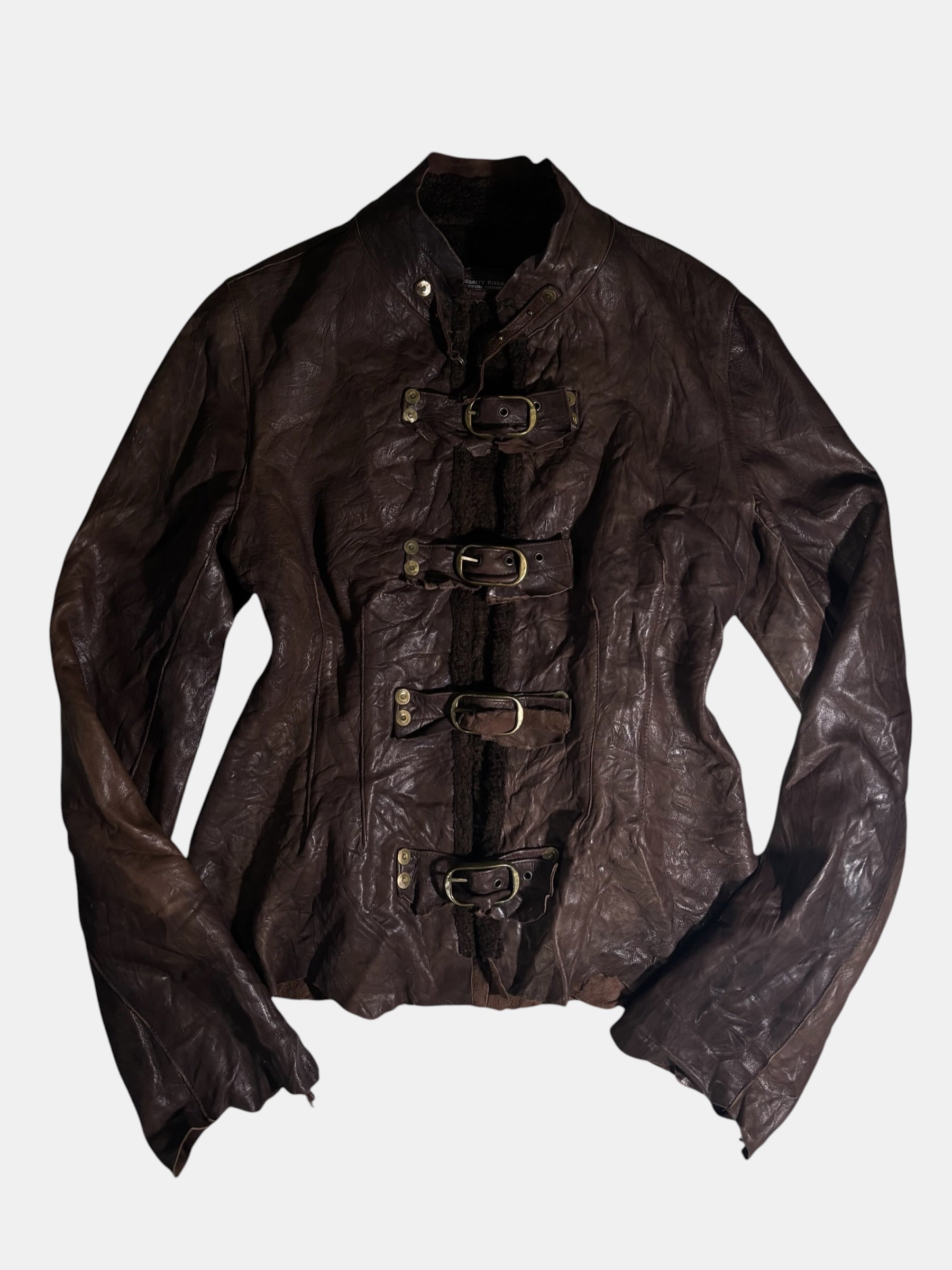 Crinkled Leather Buckle-Front Jacket