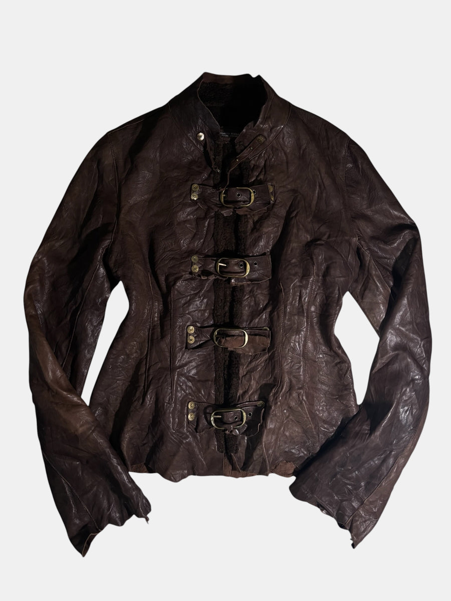 Crinkled Leather Buckle-Front Jacket