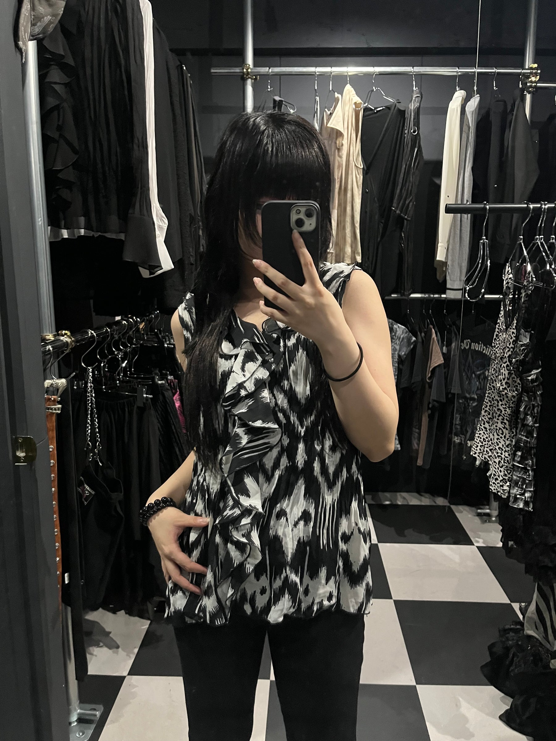 Abstract-Print Ruffle Sleeveless Blouse