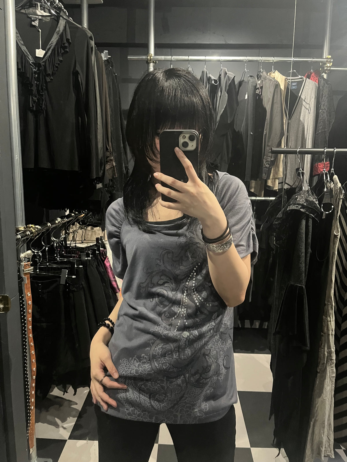 Ruched Sleeve Rhinestone Graphic Tee