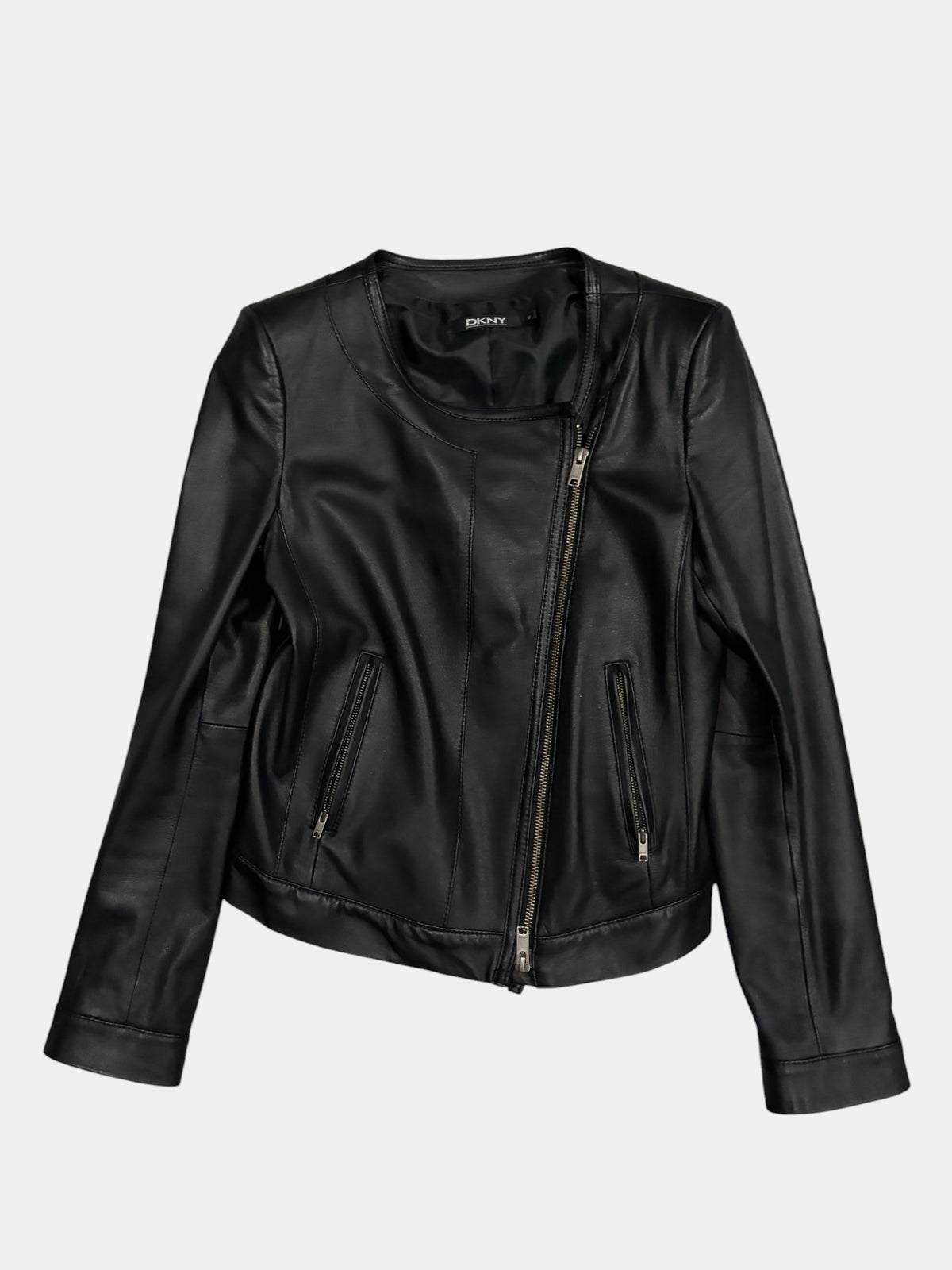 DKNY Minimalist Collarless Asymmetric Leather Jacket