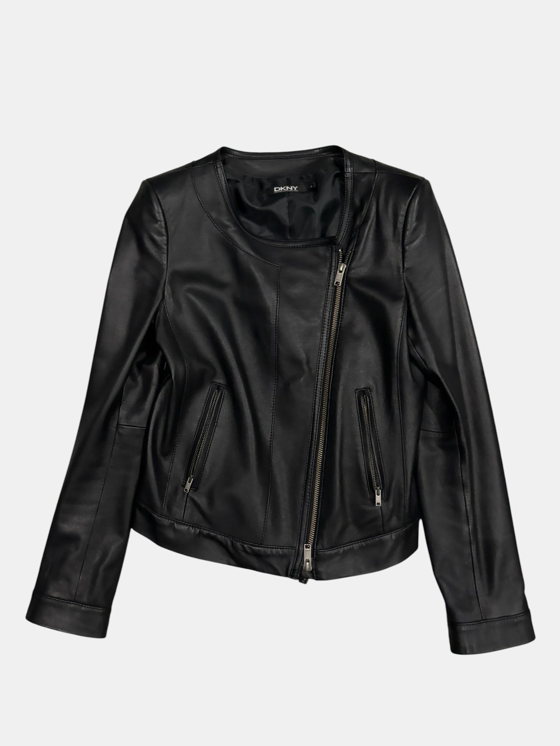 DKNY Minimalist Collarless Asymmetric Leather Jacket