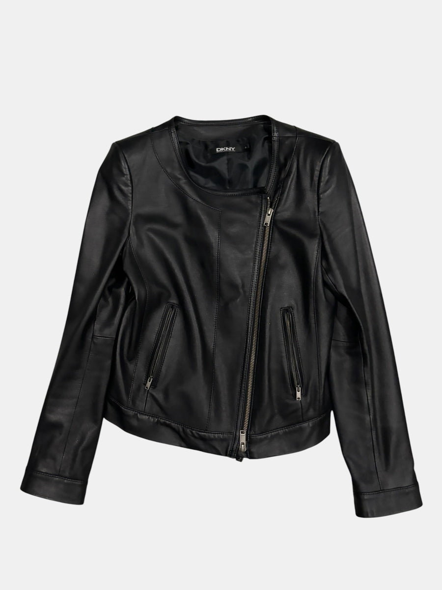 DKNY Minimalist Collarless Asymmetric Leather Jacket