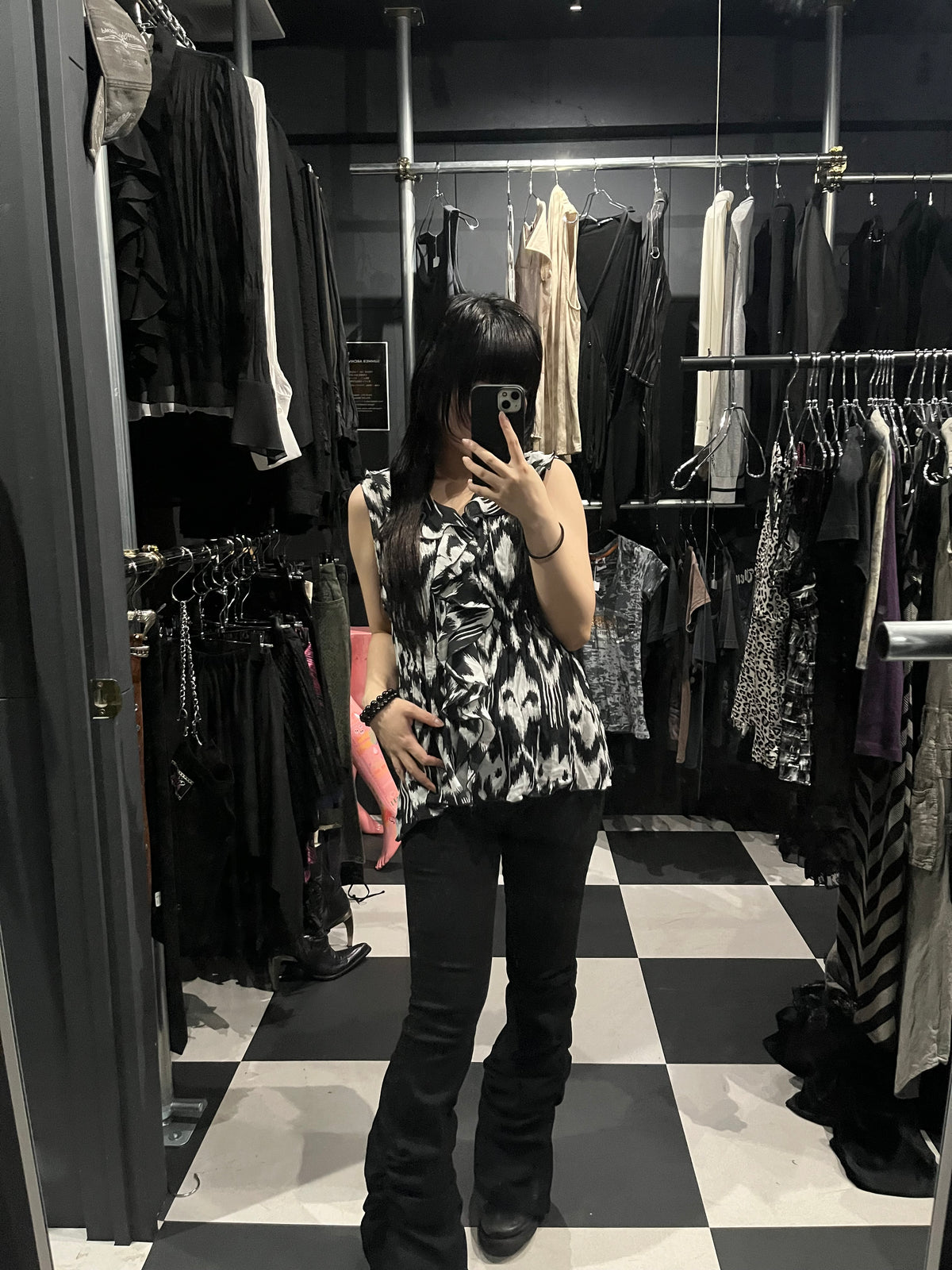 Abstract-Print Ruffle Sleeveless Blouse