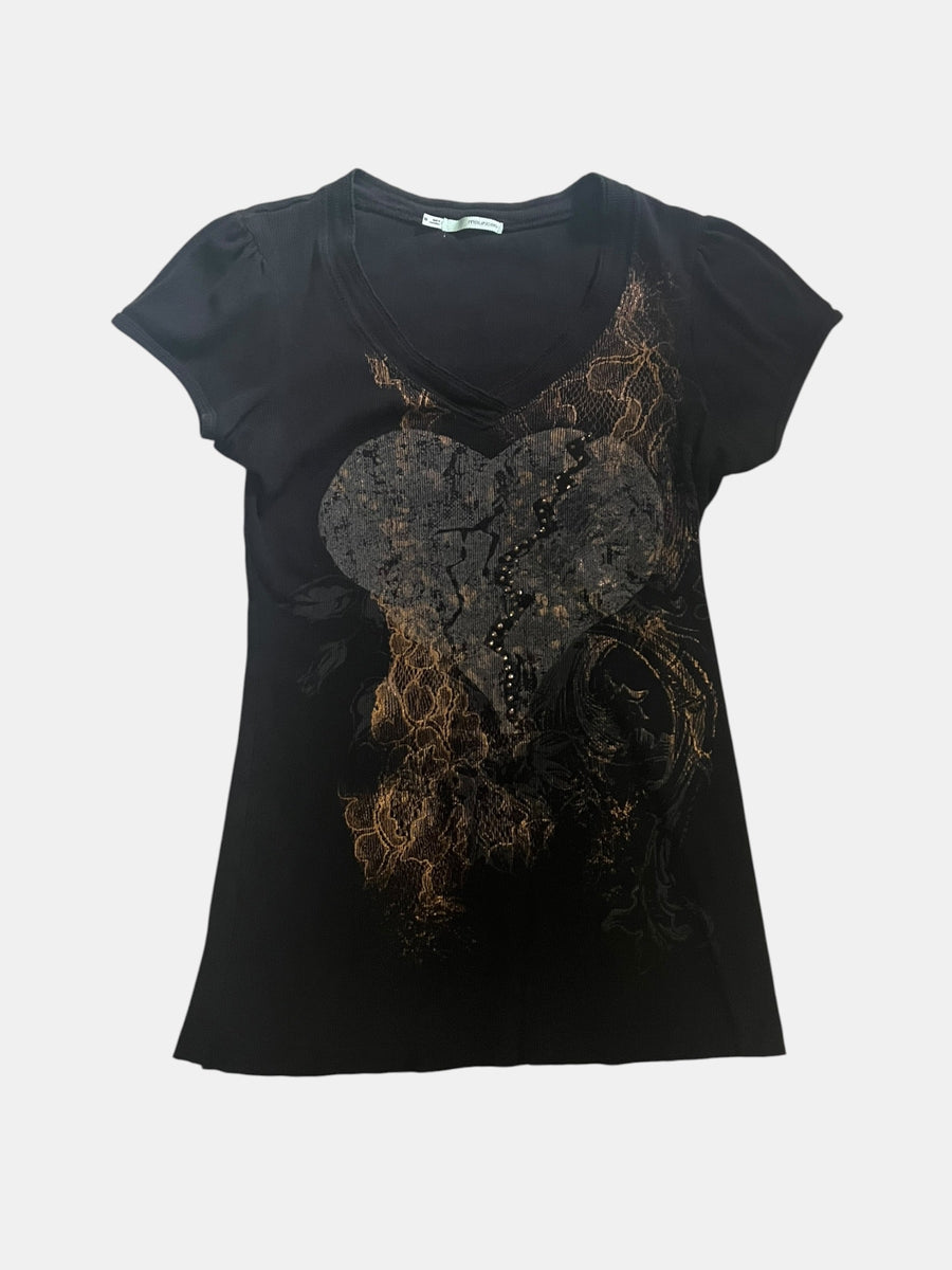 Puff Sleeve Broken Heart Print V-Neck Tee
