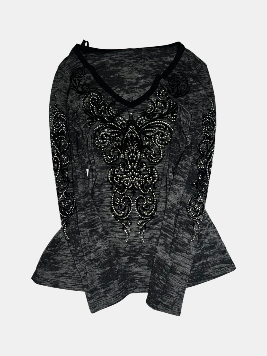 Vocal Rhinestone V-Neck Long Sleeve Top