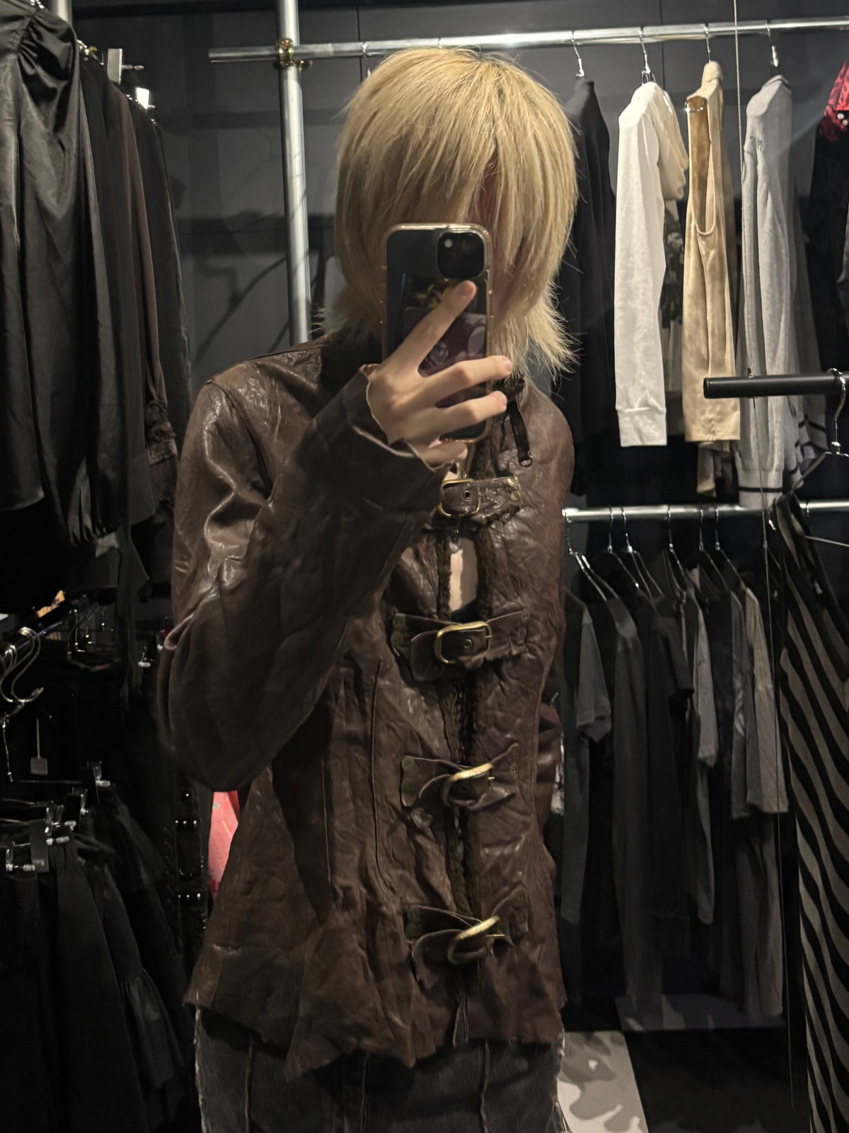 Crinkled Leather Buckle-Front Jacket