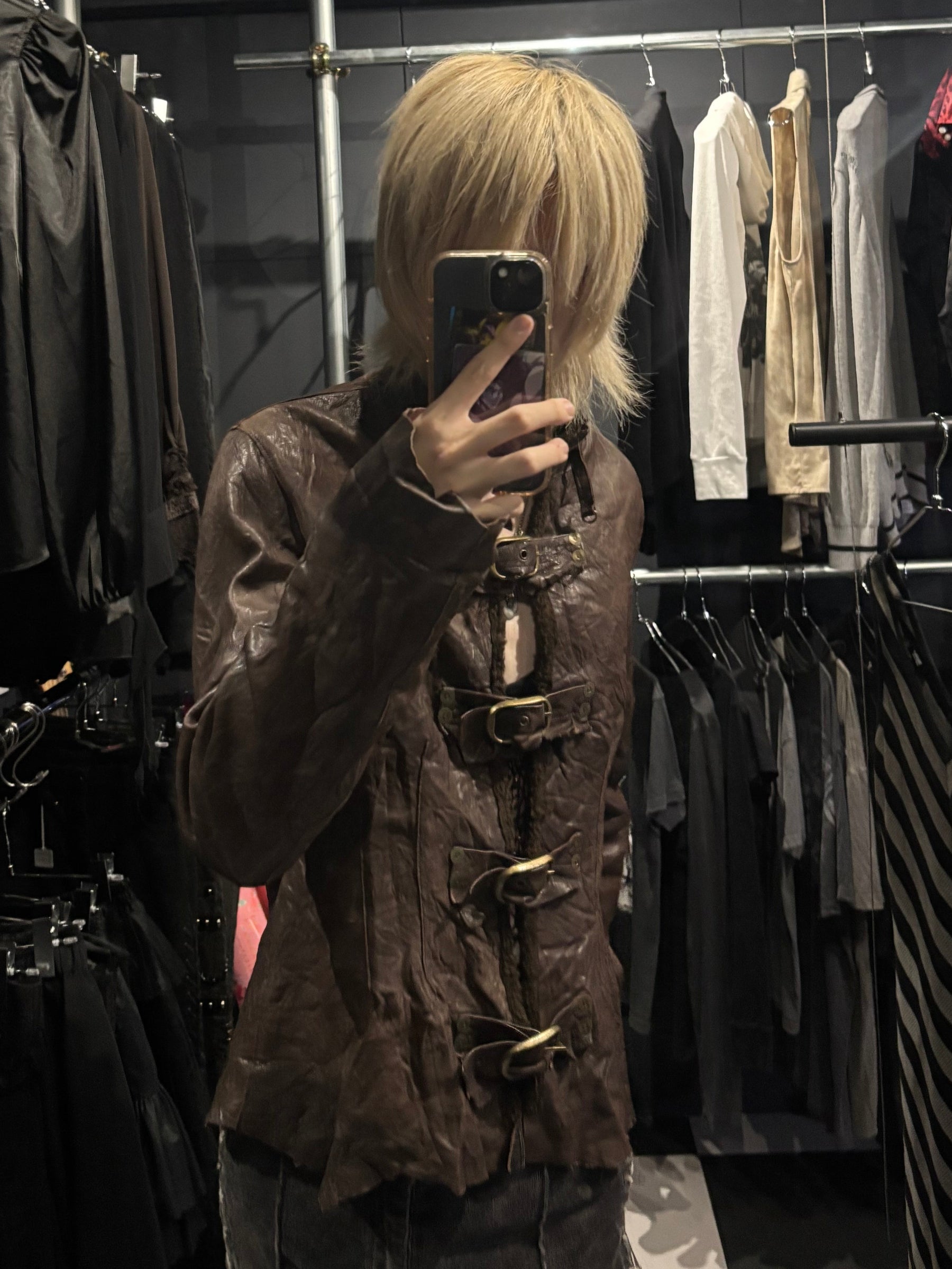 Crinkled Leather Buckle-Front Jacket