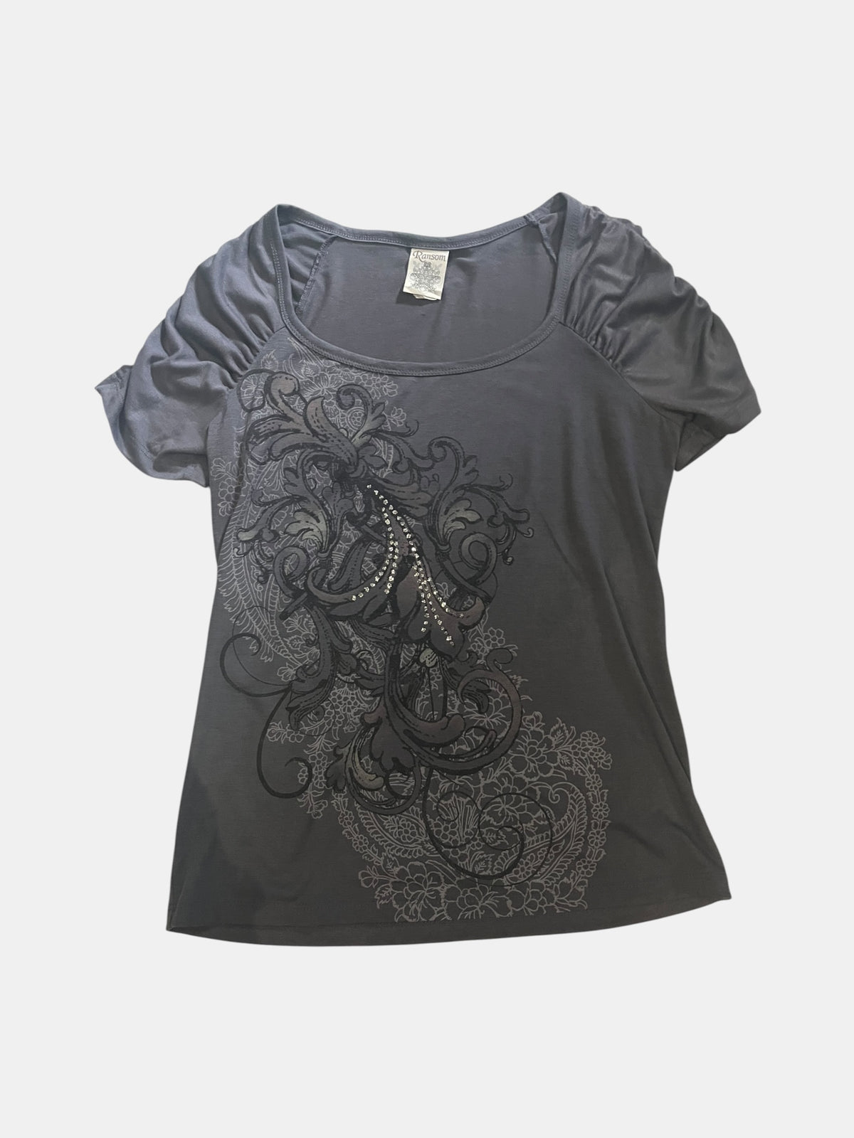 Ruched Sleeve Rhinestone Graphic Tee
