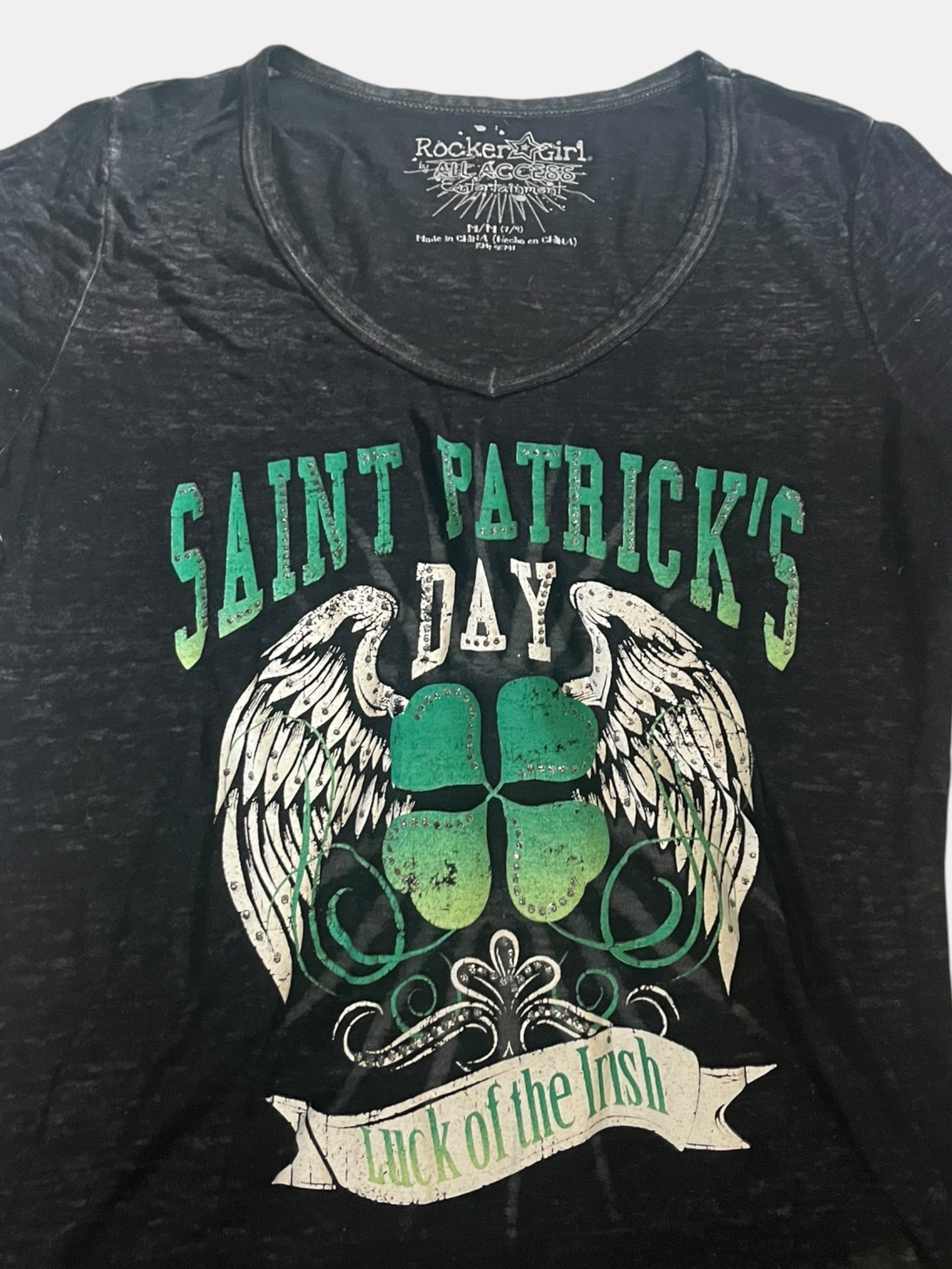 Rocker Girl Winged Shamrock V-Neck Tee