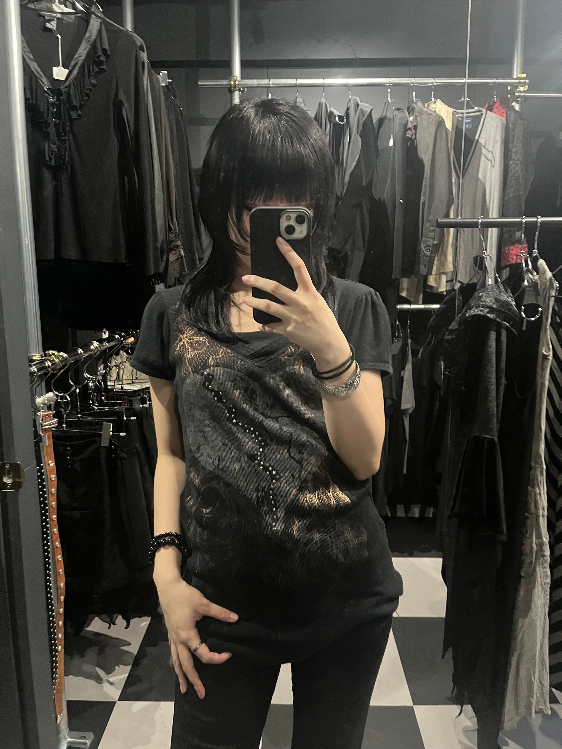 Puff Sleeve Broken Heart Print V-Neck Tee