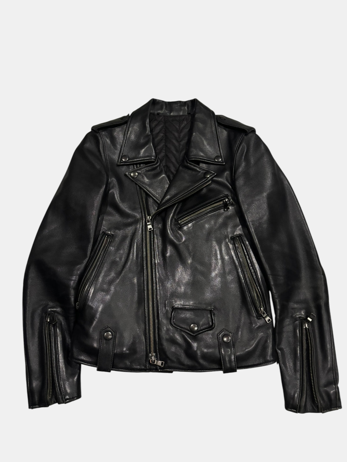Punk-Rock Asymmetric Leather Moto Jacket with Epaulets