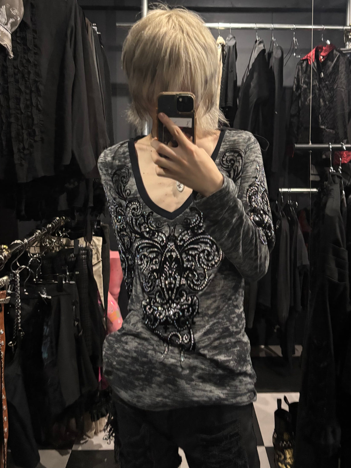 Vocal Rhinestone V-Neck Long Sleeve Top