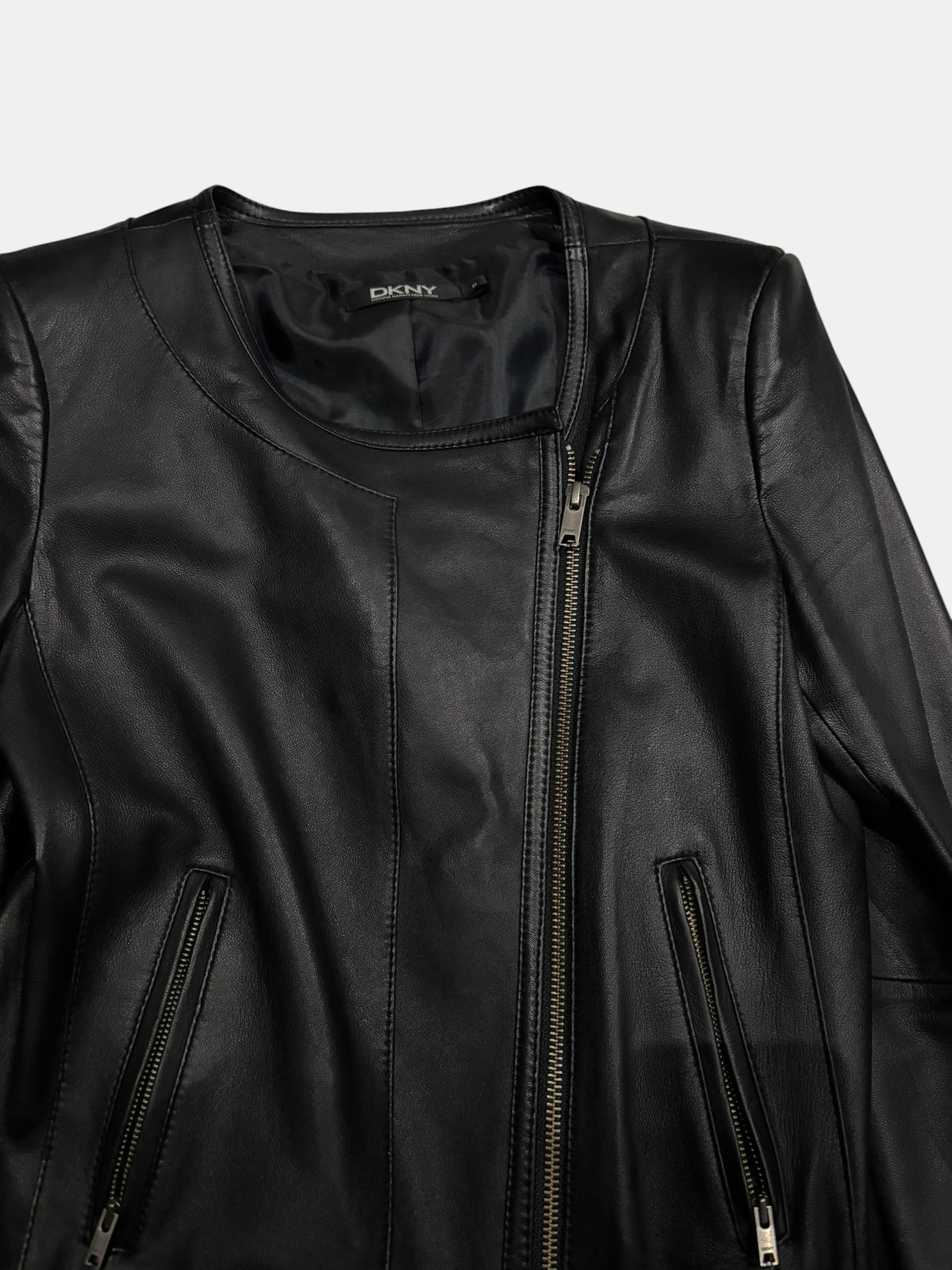 DKNY Minimalist Collarless Asymmetric Leather Jacket