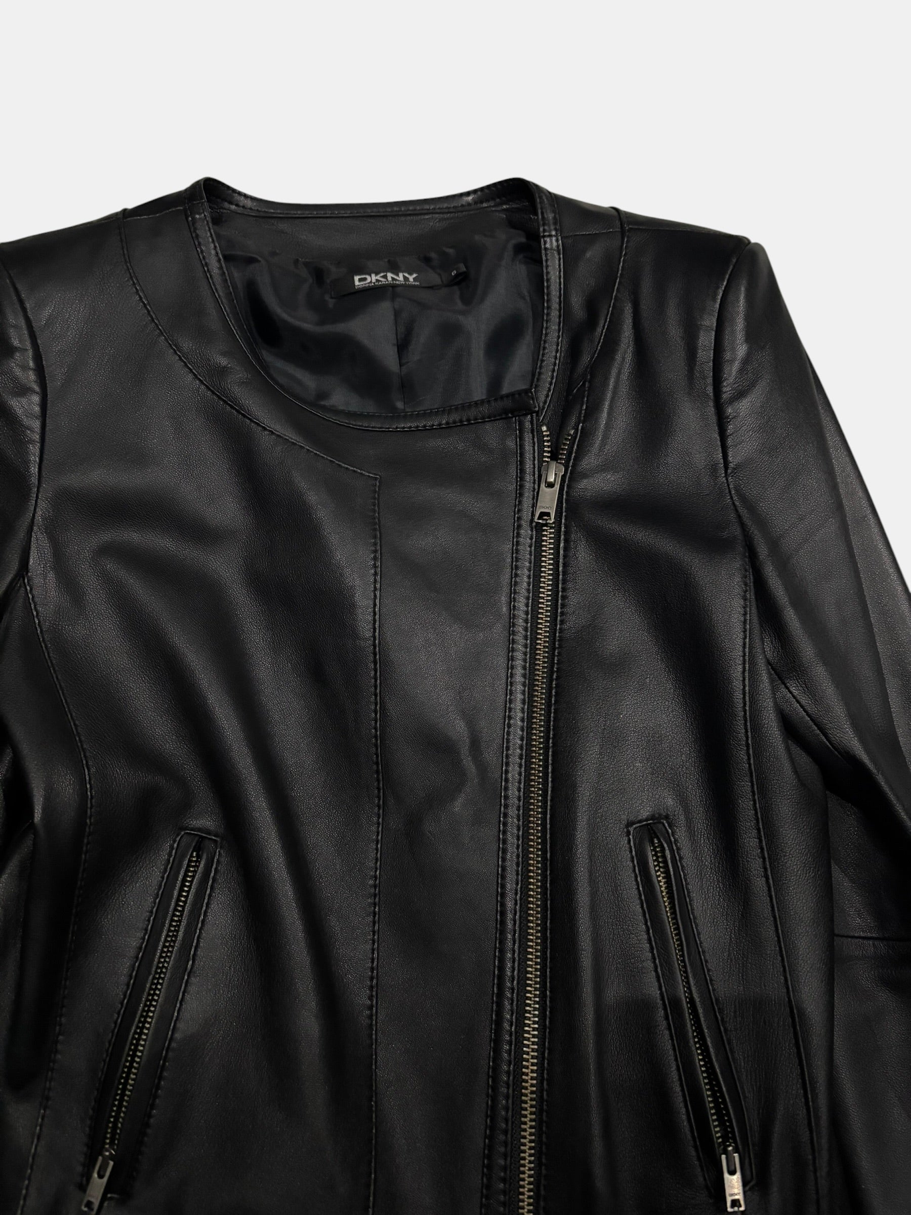 DKNY Minimalist Collarless Asymmetric Leather Jacket