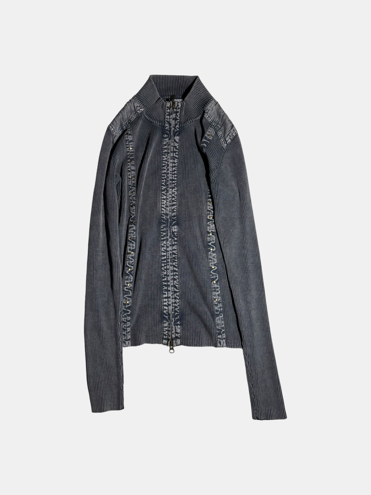 Shirred-Panel Rib Zip Cardigan