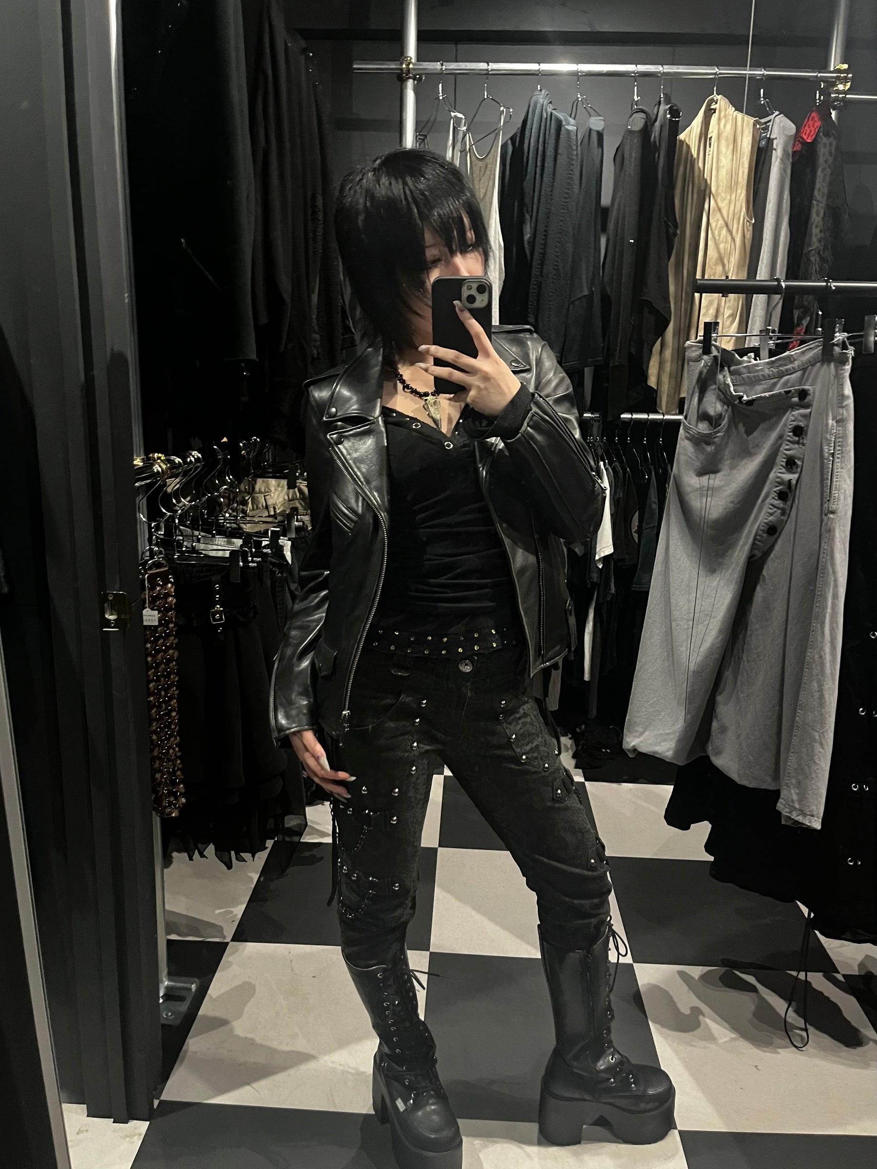 Punk-Rock Asymmetric Leather Moto Jacket with Epaulets