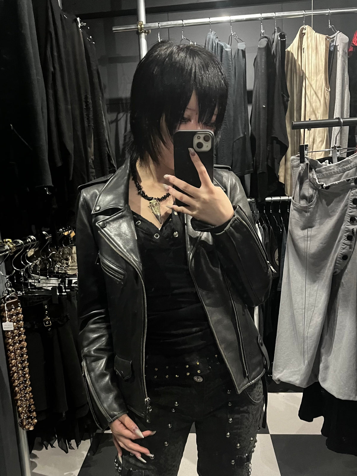 Punk-Rock Asymmetric Leather Moto Jacket with Epaulets