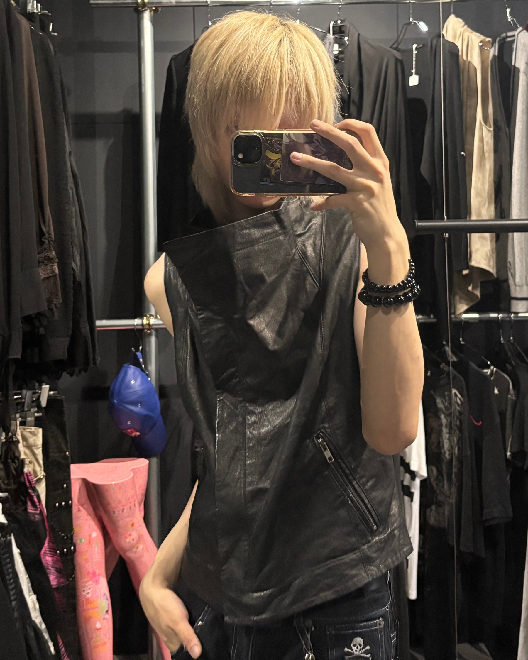 Asymmetric High-Neck Leather Vest